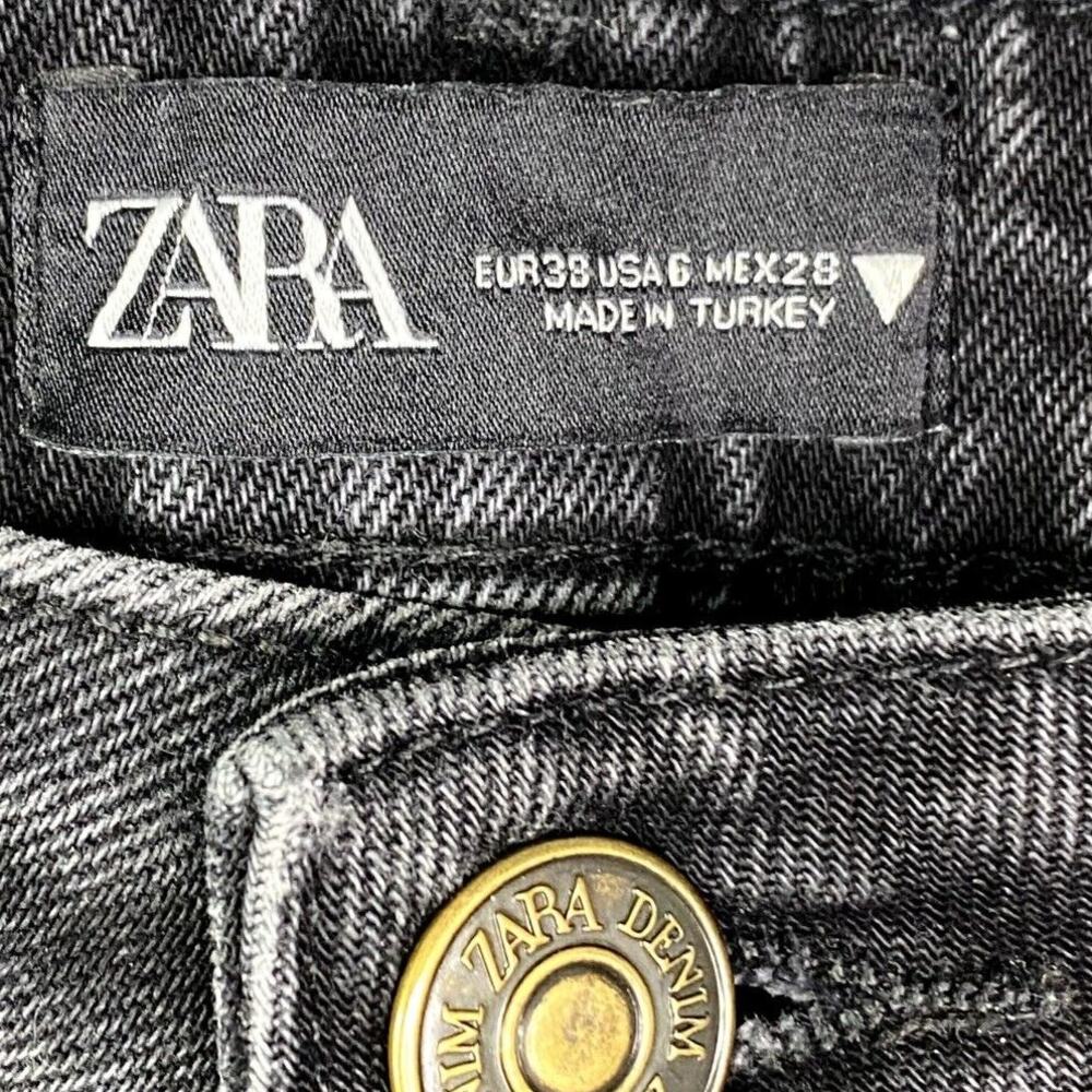 ZARA Straight Leg Cropped High Waisted Stretch Jeans Raw Hem 6 Rinsed Black - Picture 6 of 15